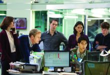 From left: Emily Mortimer, Jeff Daniels, Thomas Sadoski, Olivia Munn, Dev Patel and John Gallagher Jr. on season one of The Newsroom.