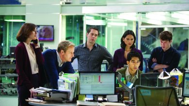 From left: Emily Mortimer, Jeff Daniels, Thomas Sadoski, Olivia Munn, Dev Patel and John Gallagher Jr. on season one of The Newsroom.