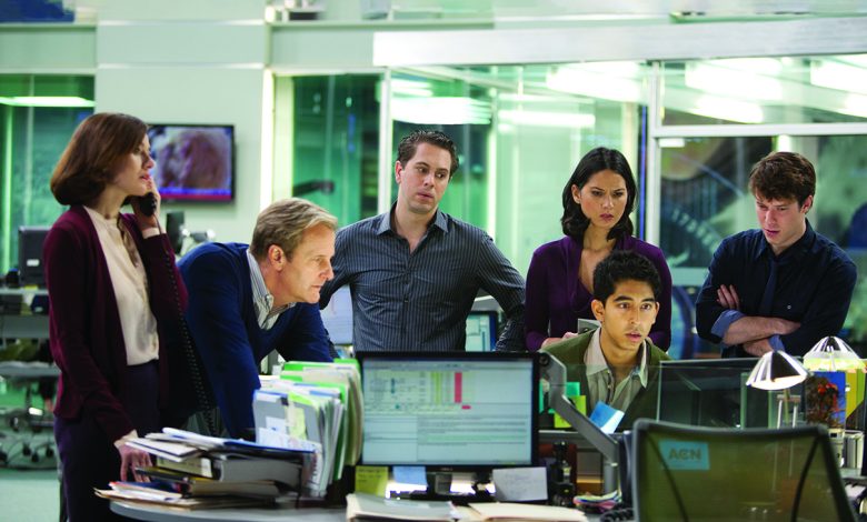 From left: Emily Mortimer, Jeff Daniels, Thomas Sadoski, Olivia Munn, Dev Patel and John Gallagher Jr. on season one of The Newsroom.