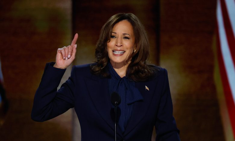 Democratic presidential candidate, U.S. Vice President Kamala Harris speaks on stage during the final day of the DNC at the United Center on Aug. 22, 2024 in Chicago, Illinois.