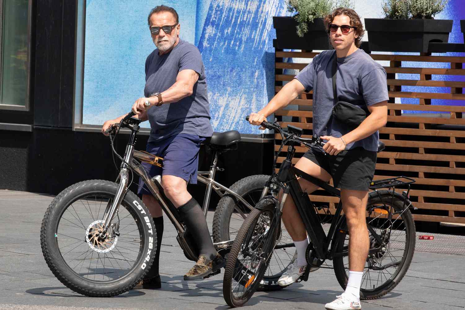 Arnold Schwarzenegger is seen with his son Joseph Baena riding their bikes around Toronto. Arnold has been in Canada 