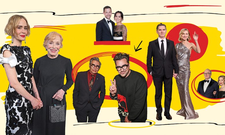 From left: Sarah Paulson with partner Holland Taylor (right); father-son duo Eugene and Dan Levy; Justin Marks with Rachel Kondo; Billy Crudup and Naomi Watts; and Tracy Letts with Carrie Coon.