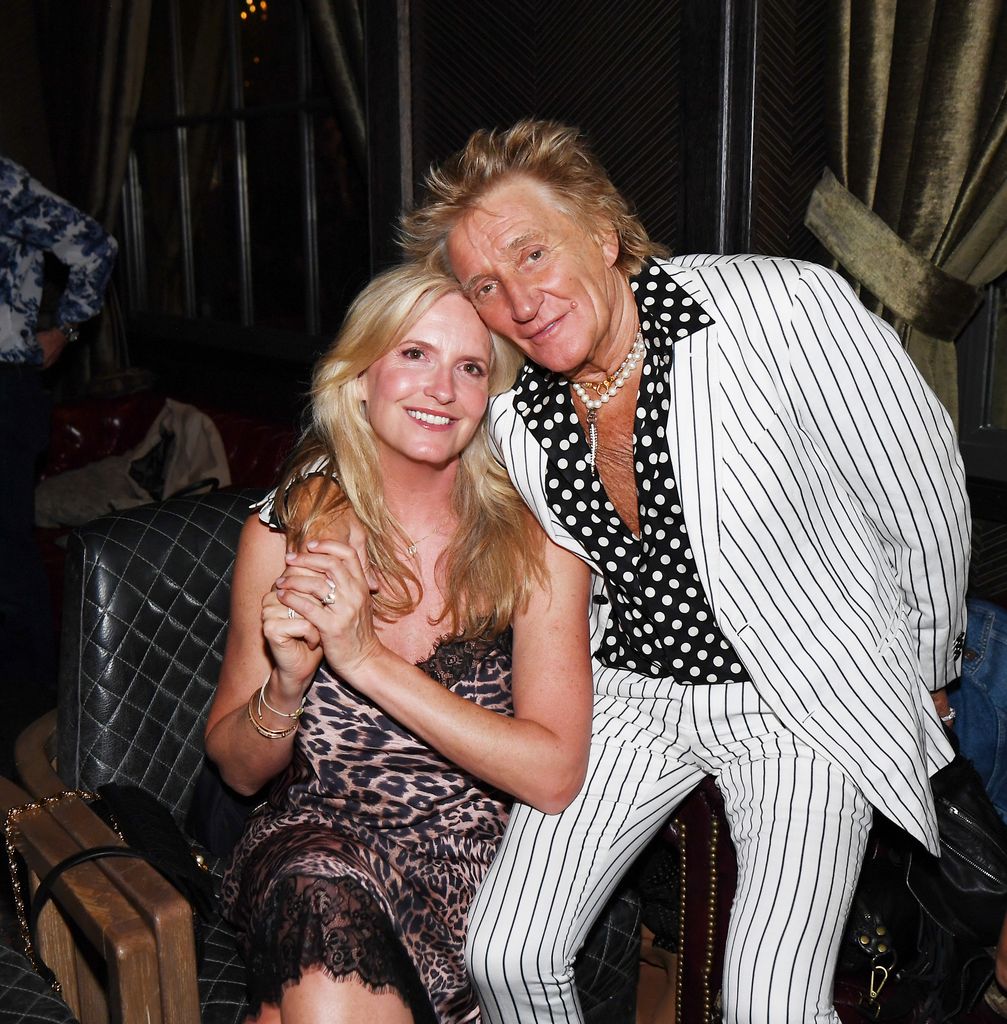 LAS VEGAS, NEVADA - AUGUST 03: Penny Lancaster Stewart and Sir Rod Stewart celebrate the 1 Year anniversary of Wolfie's Whisky at The Barbershop Cuts & Cocktails Las Vegas on August 03, 2024 in Las Vegas, Nevada. (Photo by Denise Truscello/Getty Images for Wolfie's Whisky/The Barbershop Las Vegas)