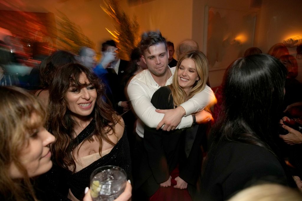 Leo Woodall and Meghann Fahy attend the HBO & Max Post Emmys Reception at San Vicente Bungalows on January 15, 2024 in West Hollywood, California