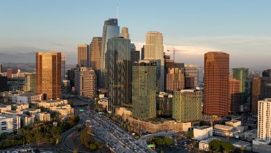 An aerial view of of the downtown Los Angeles skyline as seen from the Pico-Union area of Los Angeles at dusk in , Los Angeles, Wednesday, Sept. 28, 2022.