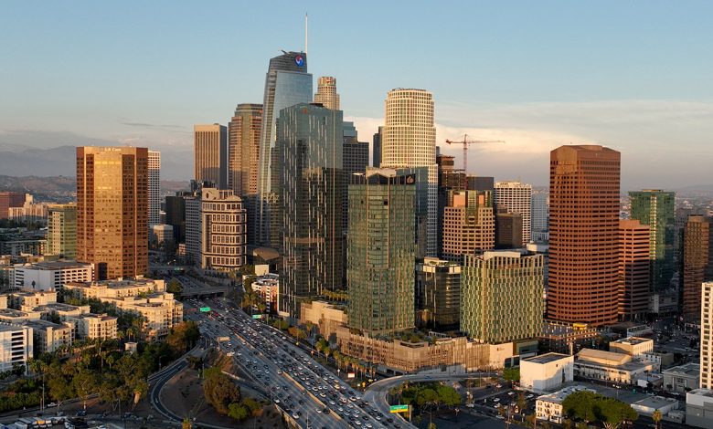 An aerial view of of the downtown Los Angeles skyline as seen from the Pico-Union area of Los Angeles at dusk in , Los Angeles, Wednesday, Sept. 28, 2022.