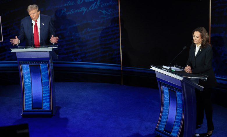 Republican presidential nominee, former U.S. President Donald Trump and Democratic presidential nominee, U.S. Vice President Kamala Harris debate for the first time during the presidential election campaign at The National Constitution Center on September 10, 2024 in Philadelphia, Pennsylvania.