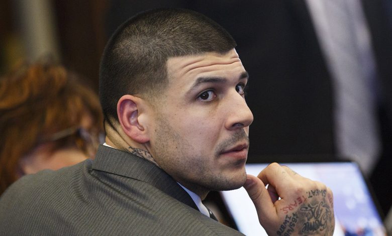 Former New England Patriots tight end Aaron Hernandez sits at the defense table during his double murder trial at Suffolk Superior Court in Boston on Mar. 2, 2017. Hernandez is charged in the July 2012 killings of Daniel de Abreu and Safiro Furtado who he encountered in a Boston nightclub.