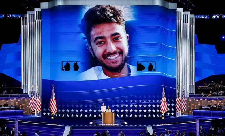 An image of Hersh Goldberg-Polin is displayed as his parents Jon Polin and Rachel Goldberg speak on stage during the third day of the 2024 DNC.