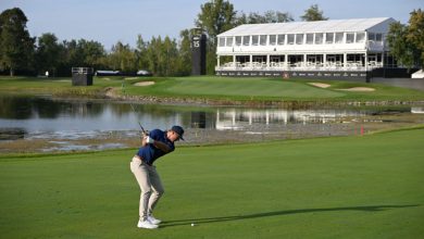 MONTREAL, QUEBEC - SEPTEMBER 22: Sam Burns swings over his ball on the 15th fairway prior to Presidents Cup at The Royal Montreal Golf Club on September 22, 2024 in Montreal, Quebec, Canada. (Photo by Ben Jared/PGA TOUR via Getty Images)