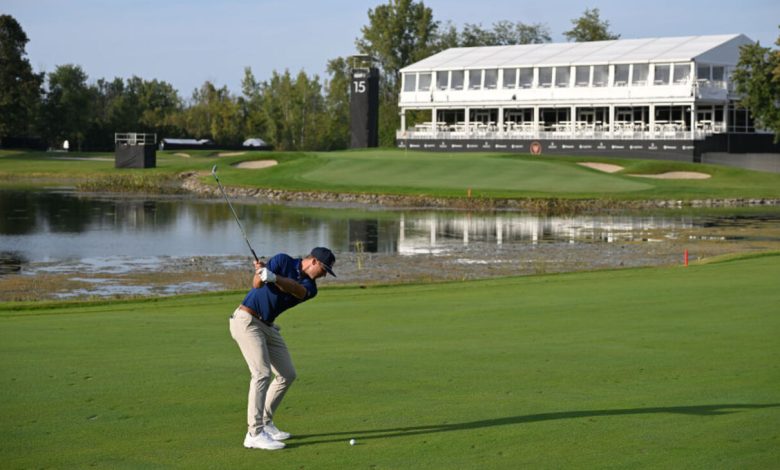 MONTREAL, QUEBEC - SEPTEMBER 22: Sam Burns swings over his ball on the 15th fairway prior to Presidents Cup at The Royal Montreal Golf Club on September 22, 2024 in Montreal, Quebec, Canada. (Photo by Ben Jared/PGA TOUR via Getty Images)