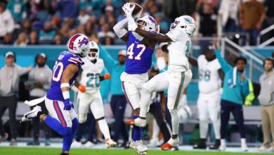 MIAMI GARDENS, FLORIDA - JANUARY 07: Christian Benford #47 of the Buffalo Bills intercepts a pass intended for Tyreek Hill #10 of the Miami Dolphins during the first quarter at Hard Rock Stadium on January 07, 2024 in Miami Gardens, Florida. (Photo by Megan Briggs/Getty Images)