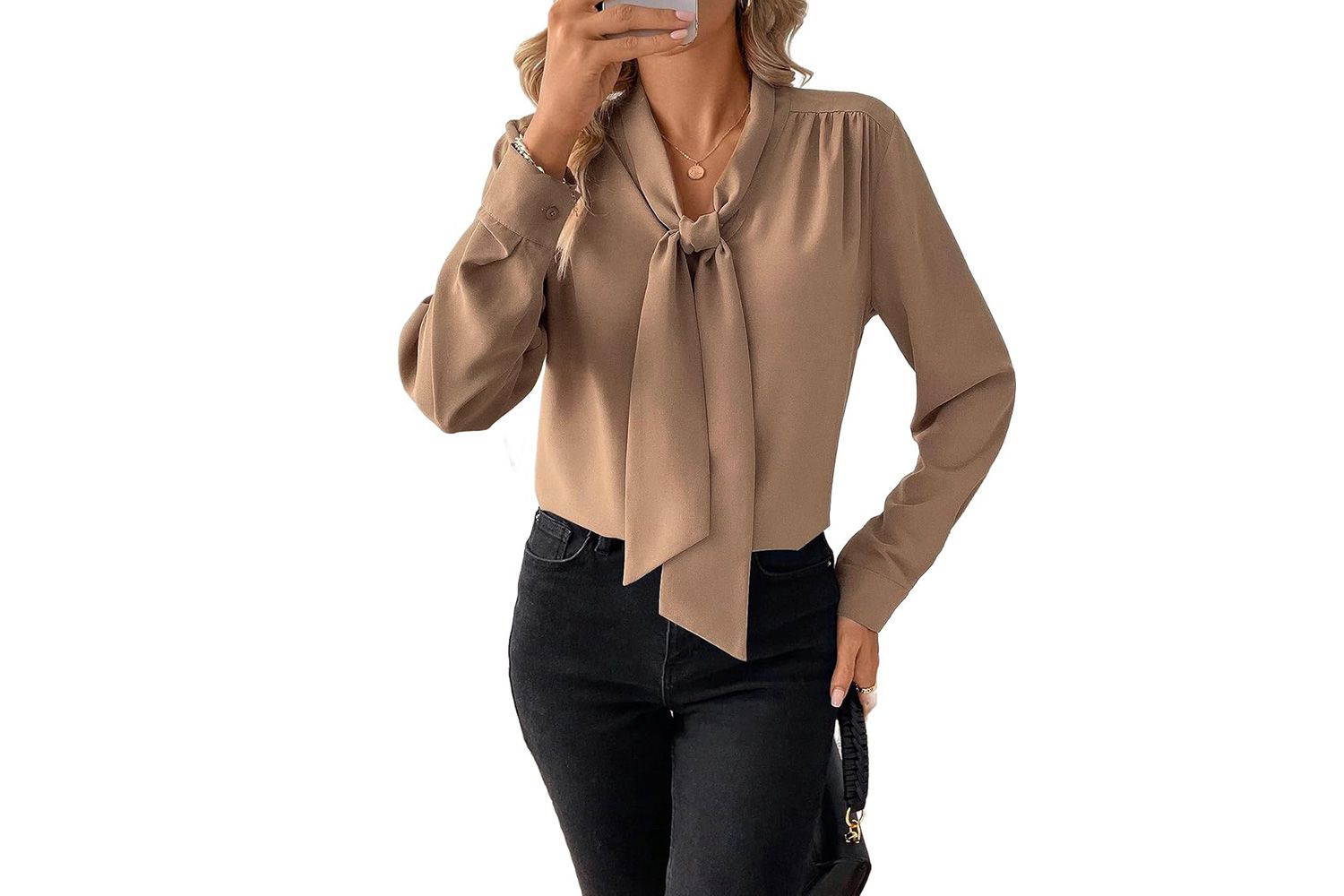 Astylish Bow Tie Neck Long Sleeve Dressy Elegant Office Work Blouse