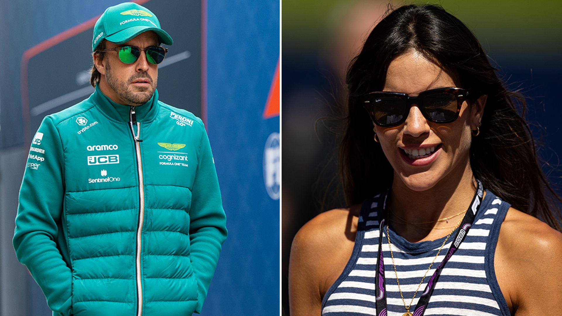 Split image of Fernando Alonso in puffer jacket and Melissa Jiminez