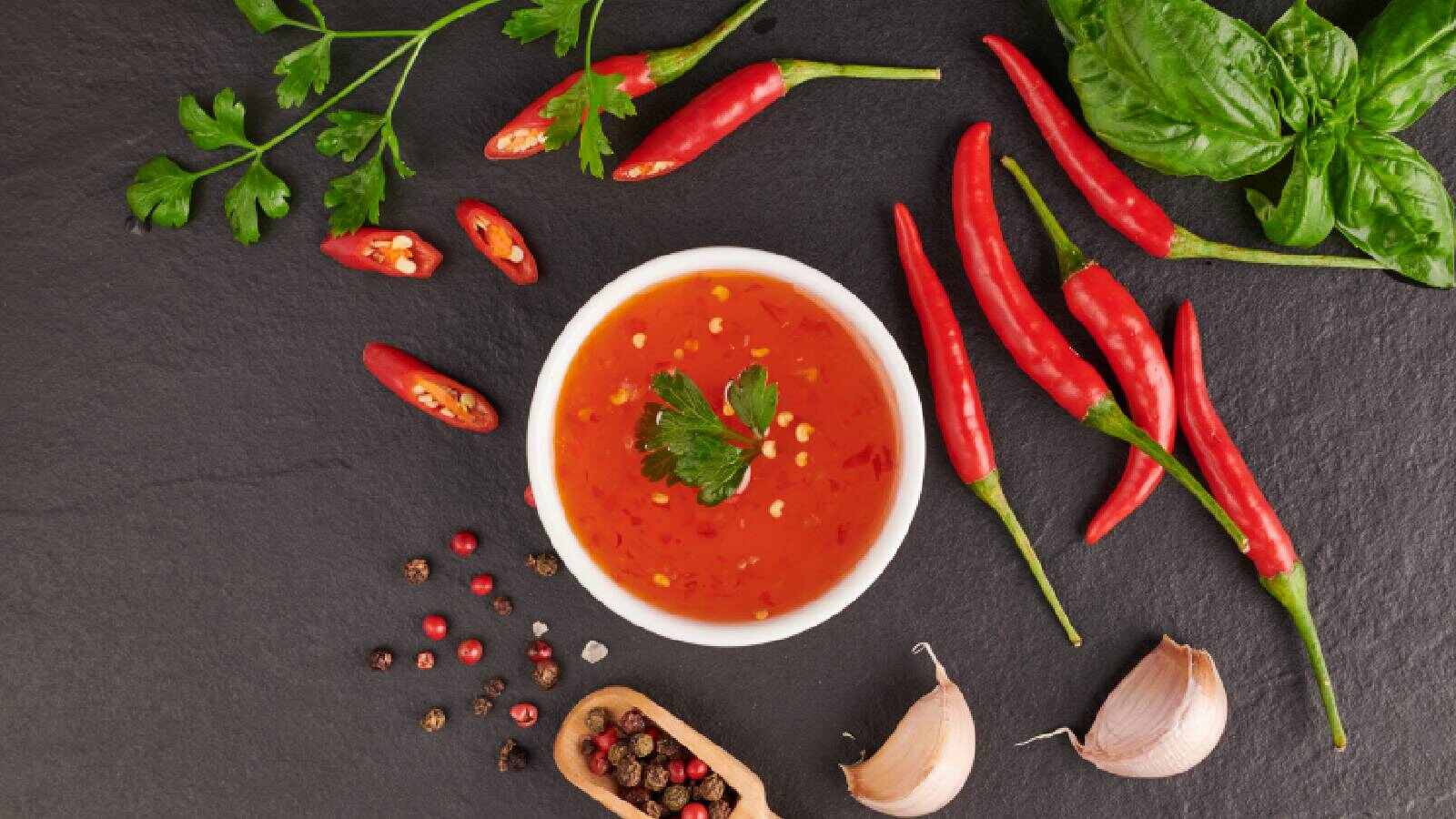 Red chillis with spicy sauce