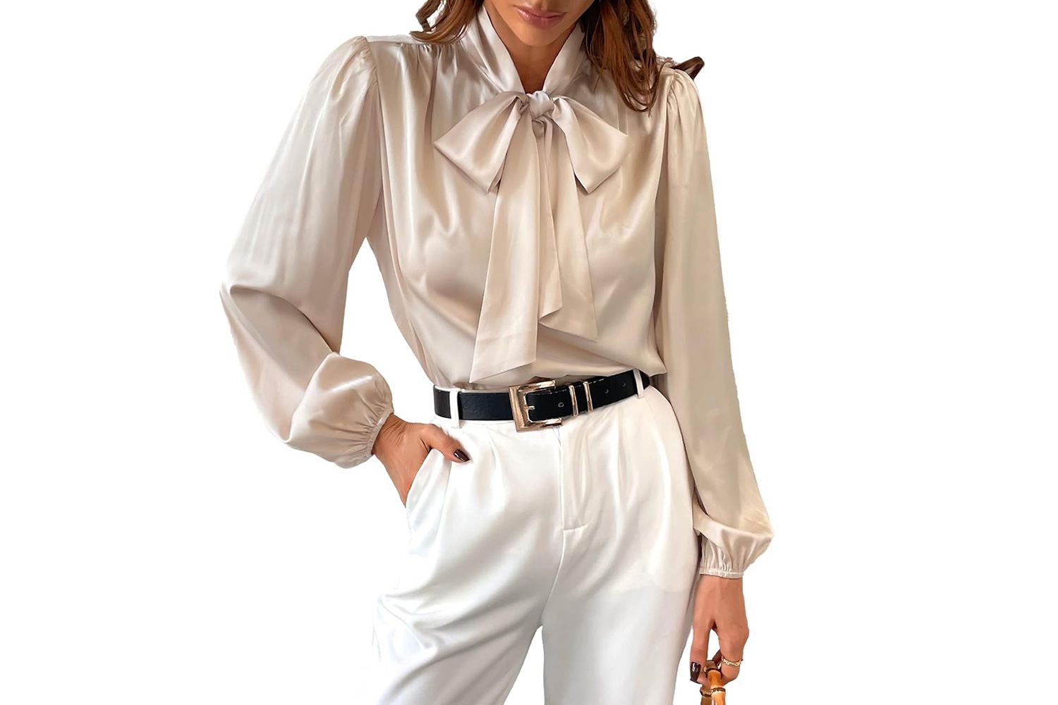 CUPSHE Bow Tie Lantern Long Sleeve Satin Shirt