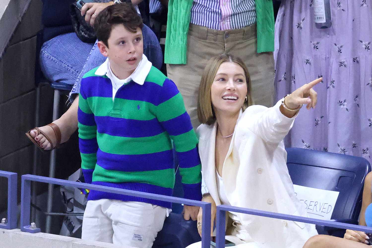 Jessica Biel with her son Silas Timberlake attend the second round at the US Open tennis tournament