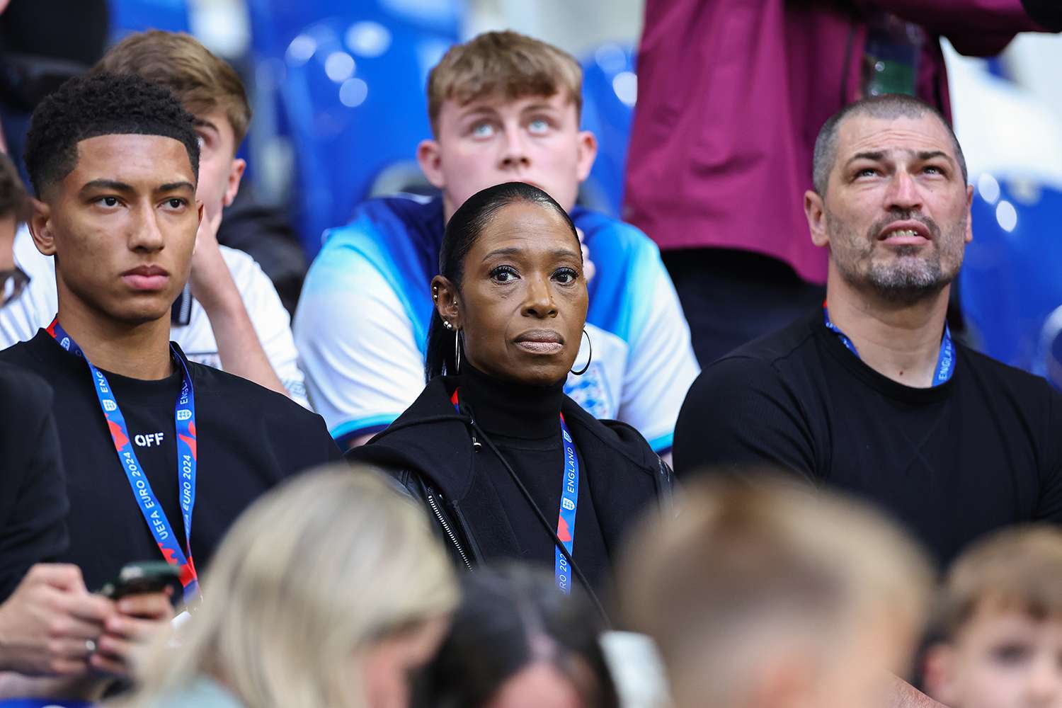 The parents of Jude Bellingham, Denise and Mark with Brother Jobe during the UEFA EURO 2024 group stage match between Serbia and England at Arena AufSchalke on June 16, 2024 in Gelsenkirchen, Germany.