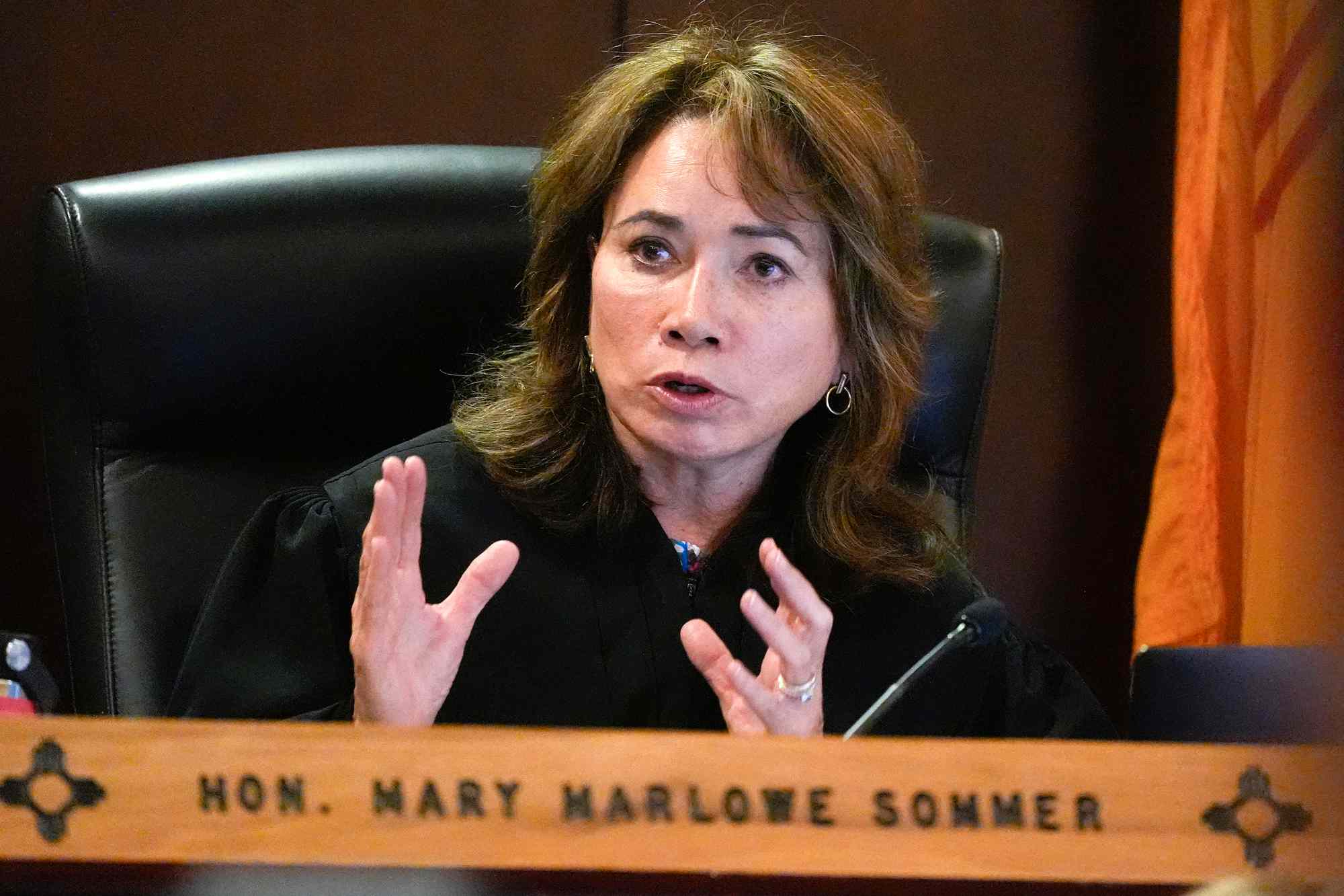 Judge Mary Marlowe Sommer speaks during a pretrial hearing in Santa Fe, New Mexico, on July 8, 2024. US actor Alec Baldwin is facing a single charge of involuntary manslaughter in the death of a cinematographer. In October 2021, on the New Mexico set of his low-budget Western "Rust," a gun pointed by Baldwin discharged a live round, killing the film's cinematographer Halyna Hutchins and wounding its director.