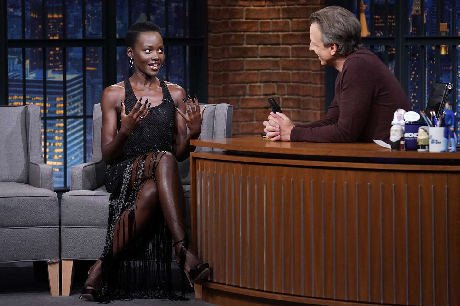 Lupita Nyong'o during an interview with host Seth Meyers on LATE NIGHT WITH SETH MEYERS