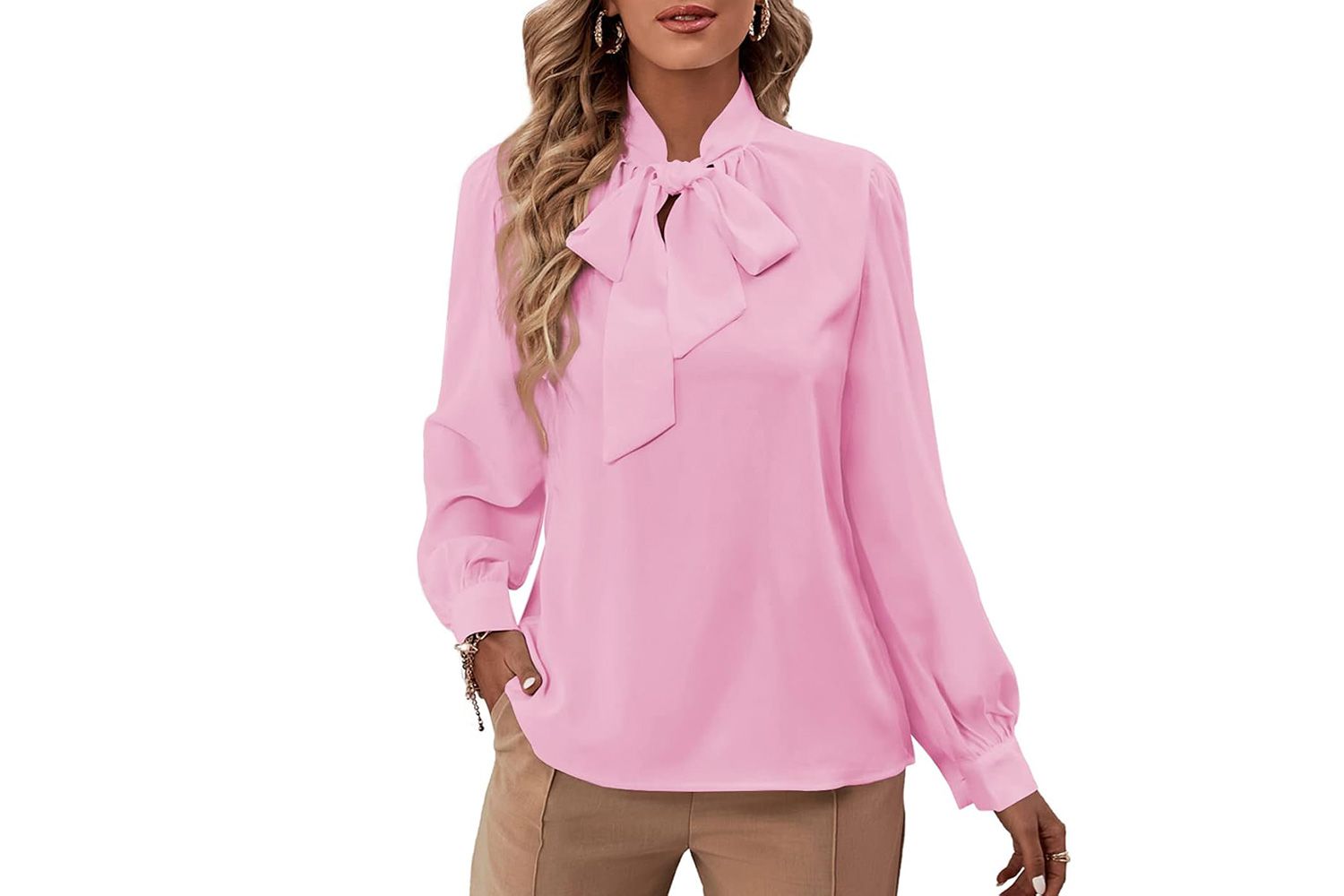 Rooscier Bow Tie Neck Long Sleeve Buttton Cuff Chiffon Elegant Blouse