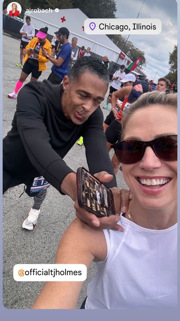 T.J. Holmes leans up against girlfriend Amy Robach before running the Chicago Marathon, shared on Instagram Stories