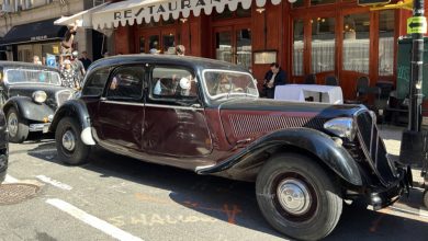 A Citroën Traction Avant parked on Lexington Ave, in front on the French bistro Orsay, on the New York set of Josh Safdie