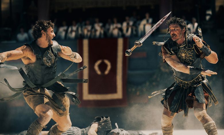 Paul Mescal plays Lucius and Pedro Pascal plays Marcus Acacius in Gladiator II from Paramount Pictures.