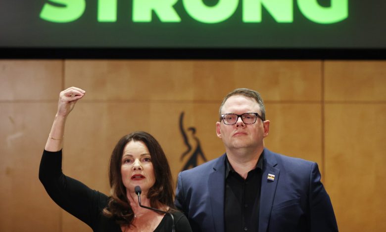 SAG-AFTRA president Fran Drescher and SAG-AFTRA national executive director Duncan Crabtree-Ireland discuss their strike-ending deal with the Hollywood studios on November 10, 2023.