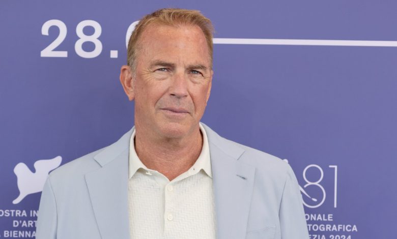 Kevin Costner attends the Venice Film Festival in a blue suit