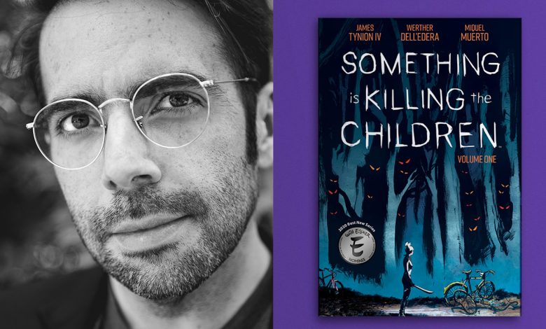 James Tynion IV and cover of Volume 1 of Something is Killing the Children