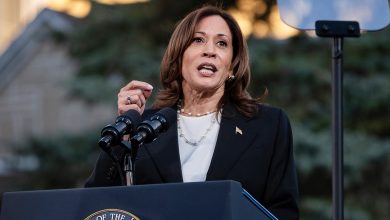 Vice President and Democratic Presidential nominee Kamala Harris speaks during a rally at Ripon College in Ripon, Wisconsin.