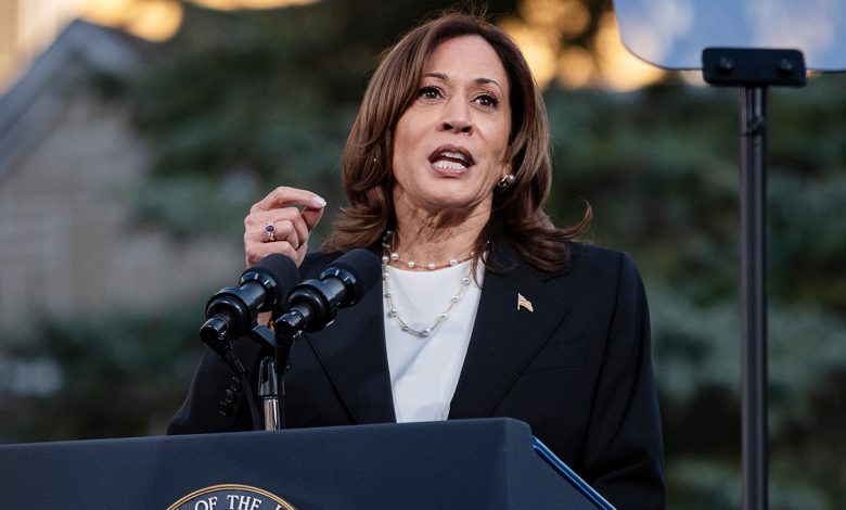 Vice President and Democratic Presidential nominee Kamala Harris speaks during a rally at Ripon College in Ripon, Wisconsin.