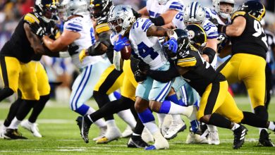 CANTON, OHIO - AUGUST 5: Rico Dowdle #34 of the Dallas Cowboys runs the ball in the first half during the 2021 NFL preseason Hall of Fame Game against the Pittsburgh Steelers at Tom Benson Hall Of Fame Stadium on August 5, 2021 in Canton, Ohio. (Photo by Emilee Chinn/Getty Images)