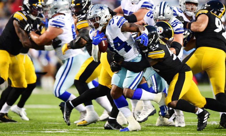 CANTON, OHIO - AUGUST 5: Rico Dowdle #34 of the Dallas Cowboys runs the ball in the first half during the 2021 NFL preseason Hall of Fame Game against the Pittsburgh Steelers at Tom Benson Hall Of Fame Stadium on August 5, 2021 in Canton, Ohio. (Photo by Emilee Chinn/Getty Images)