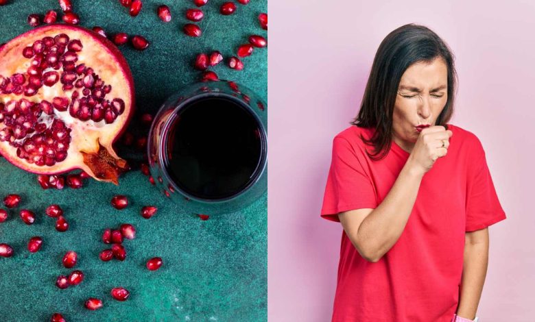 A woman coughing, a pomegranate