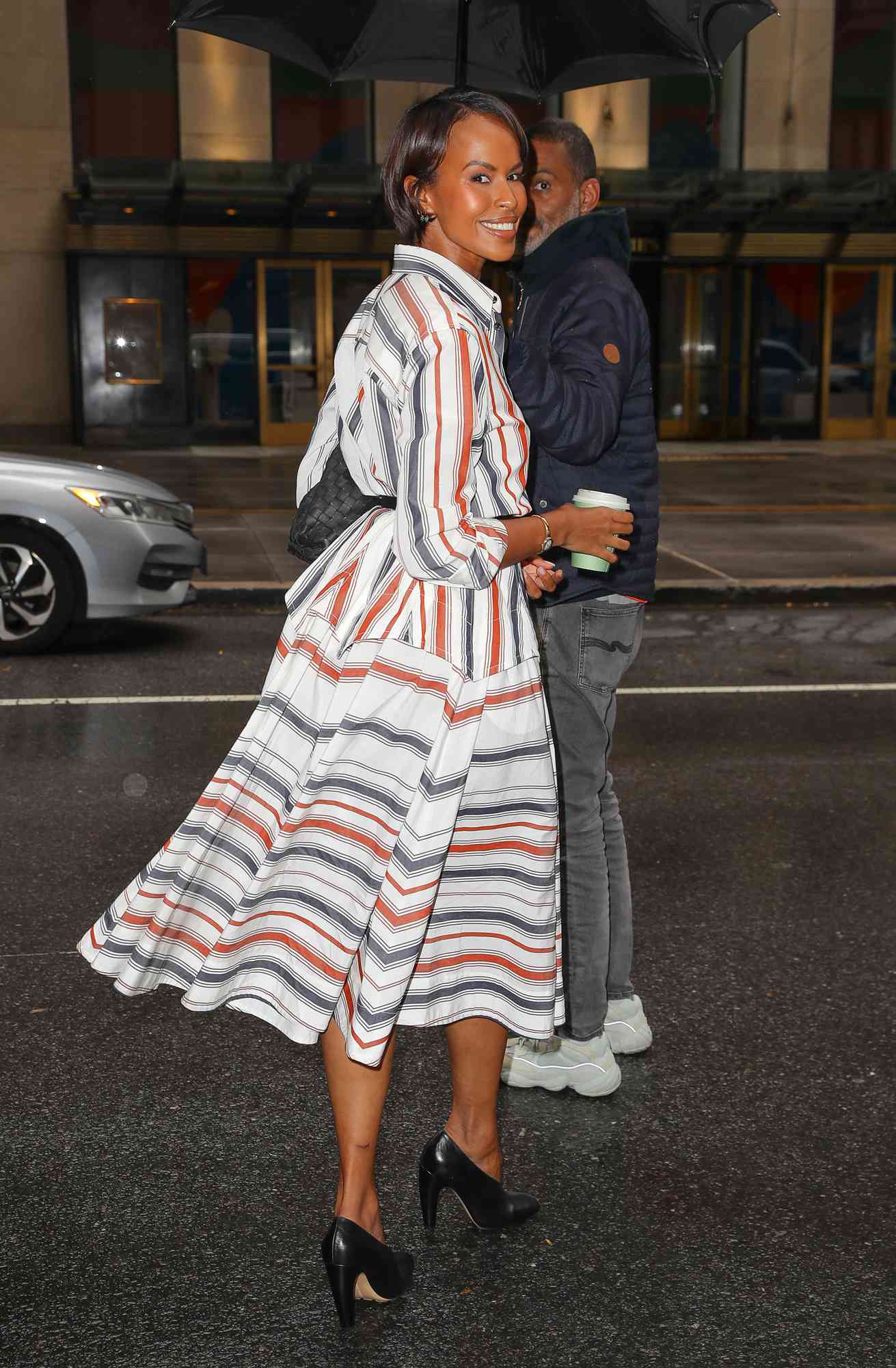 Sabrina Dhowre Elba spotted wearing a striped dress as leaving the NBC studios in New York City on September 26, 2024. 