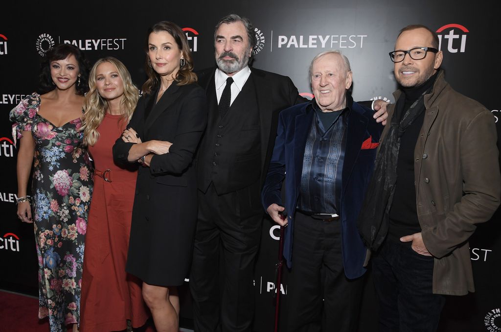 Marisa Ramirez, Vanessa Ray, Bridget Moynahan, Tom Selleck, Len Cariou and Donnie Wahlberg attend "Blue Bloods" during PaleyFest 2024 at The Paley Museum on October 17, 2024 in New York City