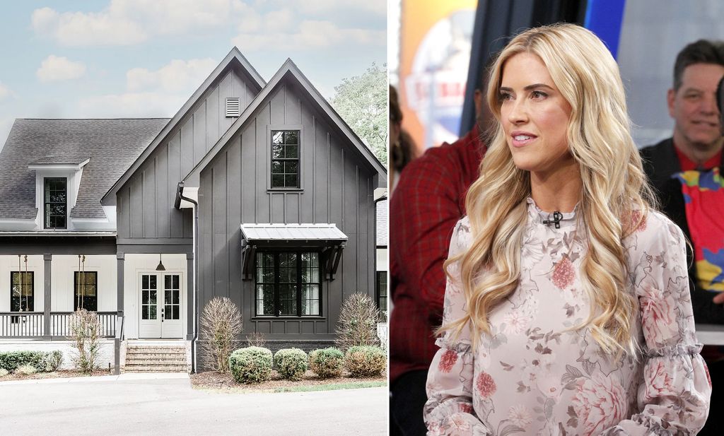 HGTV star Christina Hall (right) next to a picture of her Tennessee farmhouse o