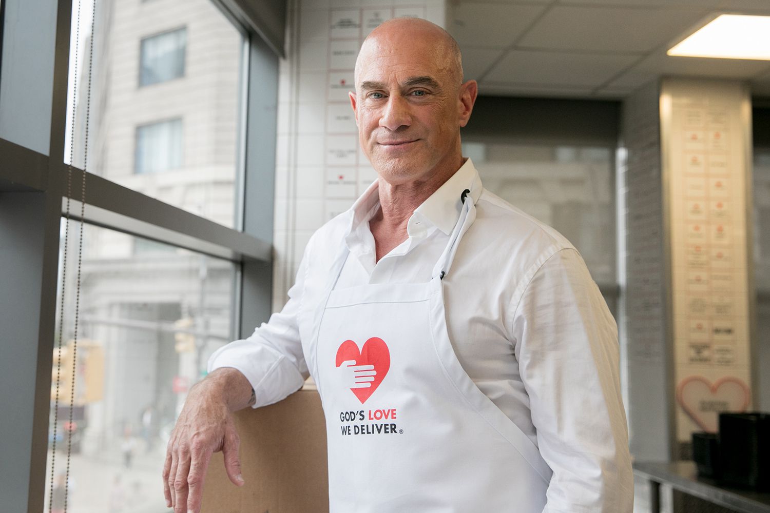 Chris Meloni volunteering in the God’s Love We Deliver kitchen. God's Love We Deliver is the only organization to cook and home deliver medically tailored meals to New York City residents who are too sick to cook and shop for themselves.