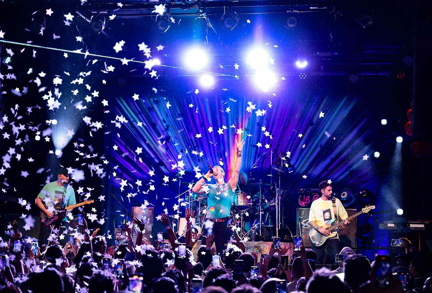 NEW YORK, NEW YORK - OCTOBER 07: (L-R) Jonny Buckland, Chris Martin, Will Champion and Guy Berryman of Coldplay perform onstage at 'SiriusXM presents Coldplay live in Brooklyn' at Music Hall of Williamsburg on October 07, 2024 in New York City. 