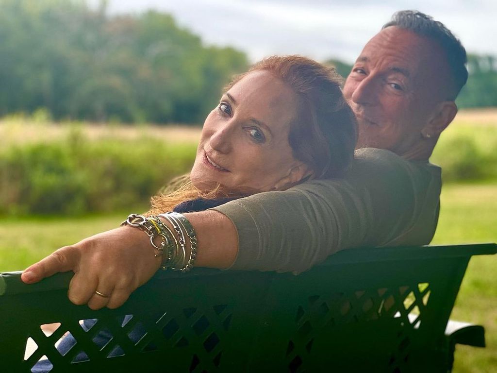 Bruce Springsteen and wife Patti Scialfa pose for a photo on a bench on their farm in Colts Neck, New Jersey, shared on Instagram