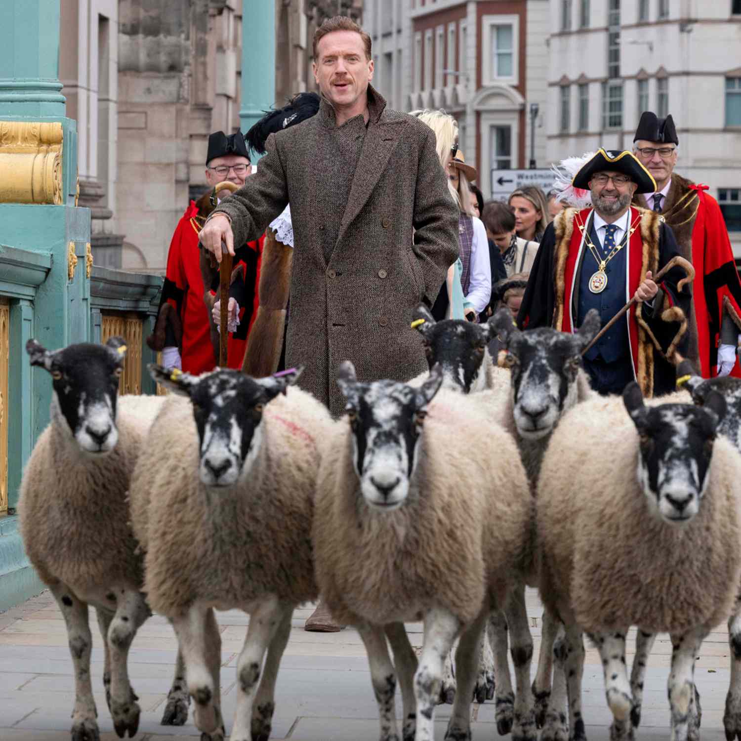 Damian Lewis leads the annual London Sheep Drive across Southwark Bridge.