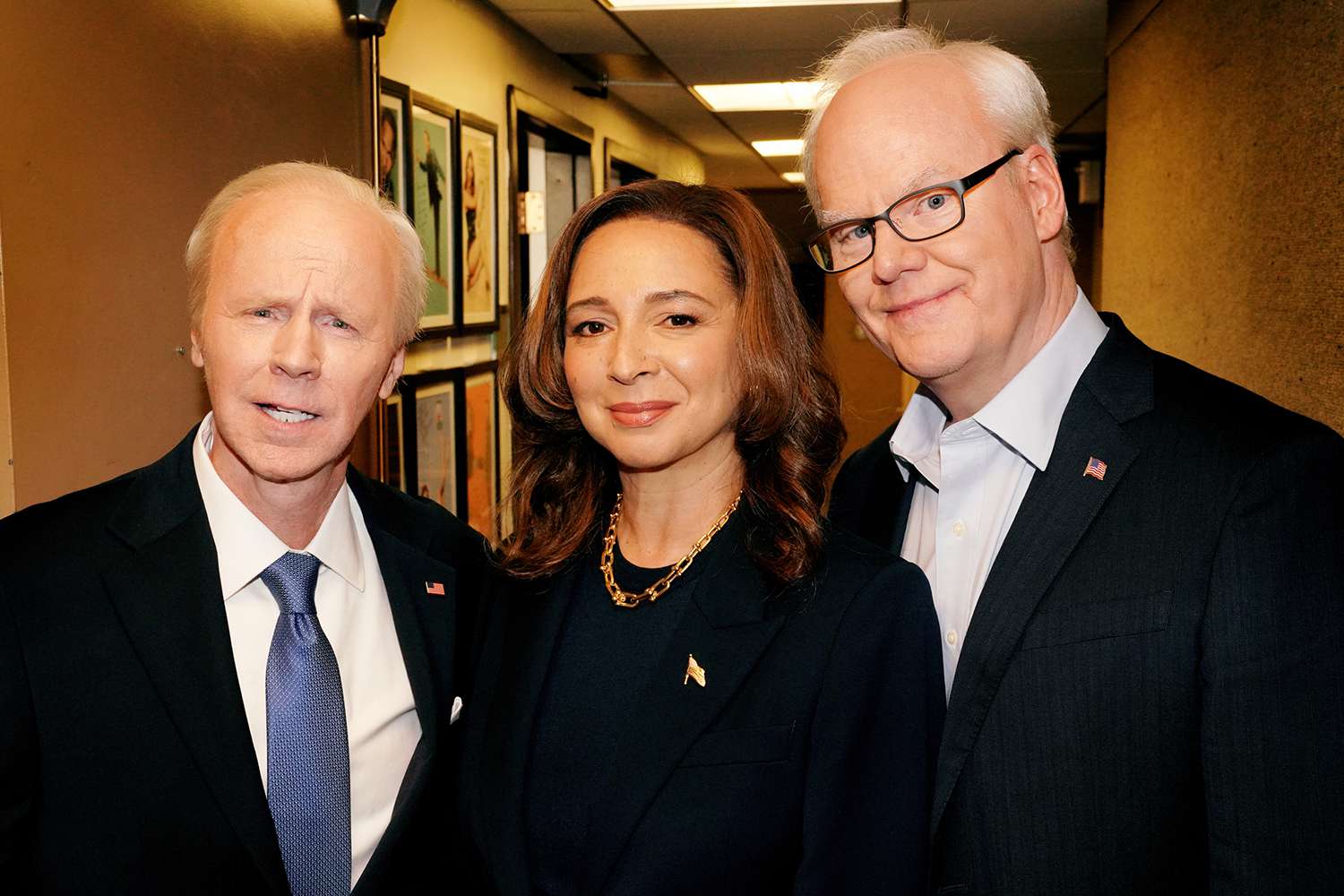 SATURDAY NIGHT LIVE -- Episode 1865 -- Pictured: (l-r) Special guests Dana Carvey, Maya Rudolph, and Jim Gaffigan pose together backstage on Saturday, September 28, 2024