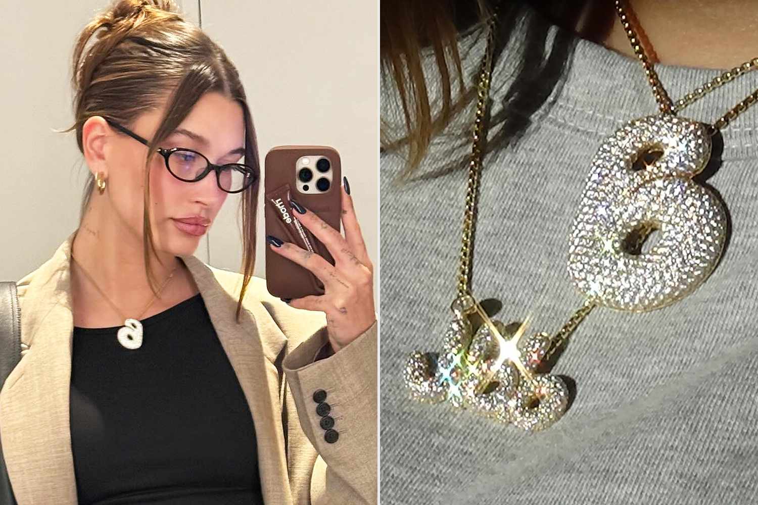 Hailey Bieber poses in mirror selfie; Hailey Bieber shows off new necklaces