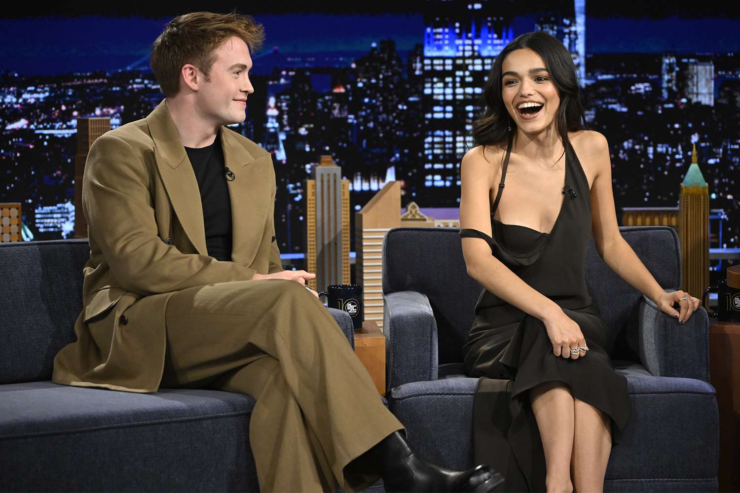 Kit Connor and actress Rachel Zegler during an interview on THE TONIGHT SHOW STARRING JIMMY FALLON