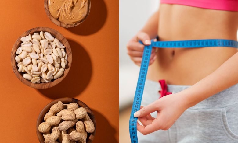 woman measuring her waist and peanuts