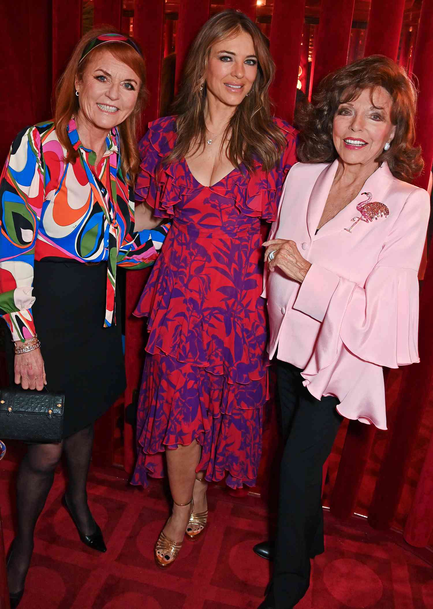 Sarah Ferguson, Duchess of York, Elizabeth Hurley and Dame Joan Collins attend The 10th Annual Lady Garden Foundation Langan's Ladies Lunch raising vital funds for The Royal Marsden Cancer Charity at Langan's Brasserie 