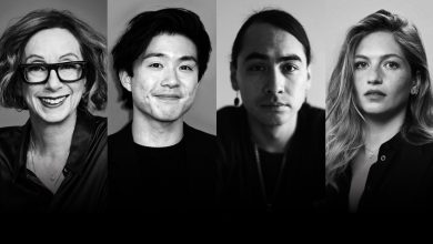 A black-and-white photograph featuring the headshots of Sundance honorees Michelle Satter, Sean Wang, Julian Brave NoiseCat, Emily Kassie