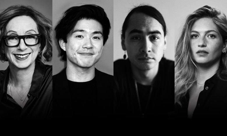 A black-and-white photograph featuring the headshots of Sundance honorees Michelle Satter, Sean Wang, Julian Brave NoiseCat, Emily Kassie